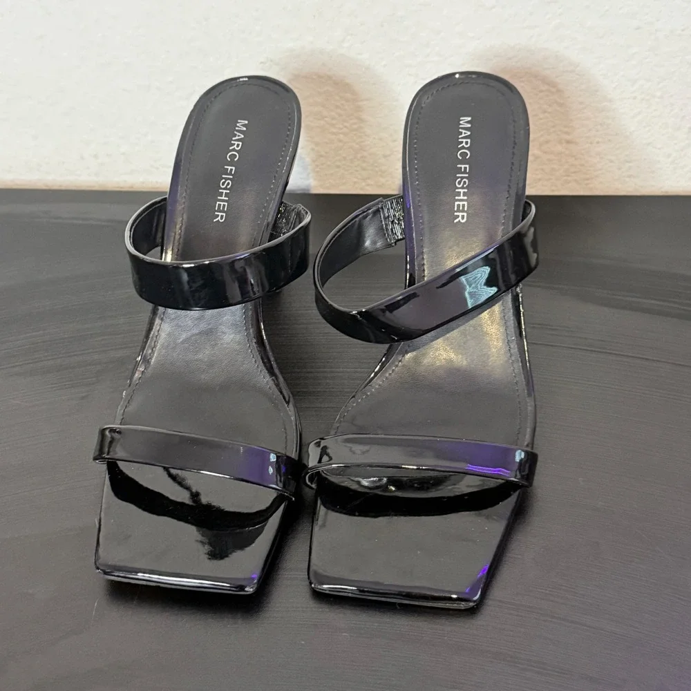 Marc Fisher Black Patent Square Toe Heeled‎ Slide Sandals Womens 8 M Zasha